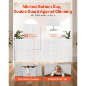 retractable baby gate, 34 inch tall, extends up to 71 inch wide, retractable gate for kids or pets, mesh material, easy to install for indoor stairs, doorways, hallways, playrooms, white