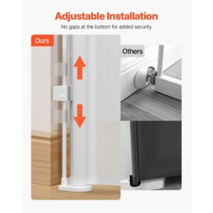 retractable baby gate, 34 inch tall, extends up to 71 inch wide, retractable gate for kids or pets, mesh material, easy to install for indoor stairs, doorways, hallways, playrooms, white