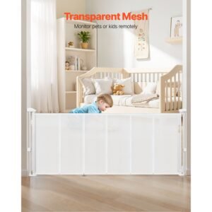 retractable baby gate, 34 inch tall, extends up to 71 inch wide, retractable gate for kids or pets, mesh material, easy to install for indoor stairs, doorways, hallways, playrooms, white