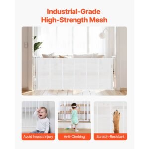 retractable baby gate, 34 inch tall, extends up to 71 inch wide, retractable gate for kids or pets, mesh material, easy to install for indoor stairs, doorways, hallways, playrooms, white