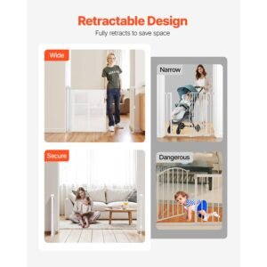 retractable baby gate, 34 inch tall, extends up to 71 inch wide, retractable gate for kids or pets, mesh material, easy to install for indoor stairs, doorways, hallways, playrooms, white