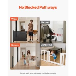 retractable baby gate, extends to 56.3 inch wide, 31.3 inch tall, with security lock, easy to use, walk through without tripping, mesh dog gate for stairs, hallways, indoor/outdoor, black