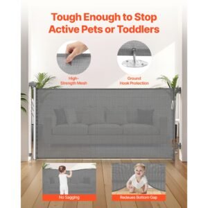retractable baby gate, extends to 72.8 inch wide, 31.3 inch tall, with security lock, easy to use, walk through without tripping, mesh dog gate for stairs, hallways, indoor/outdoor, gray