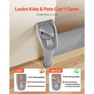 retractable baby gate, extends to 72.8 inch wide, 31.3 inch tall, with security lock, easy to use, walk through without tripping, mesh dog gate for stairs, hallways, indoor/outdoor, gray