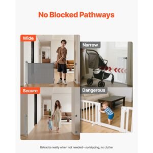 retractable baby gate, extends to 72.8 inch wide, 31.3 inch tall, with security lock, easy to use, walk through without tripping, mesh dog gate for stairs, hallways, indoor/outdoor, gray