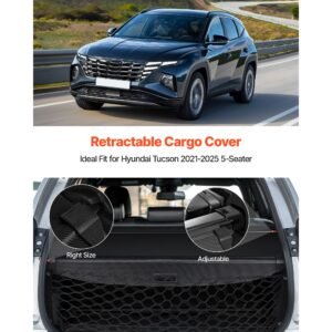 retractable cargo cover, upgraded carbon fiber texture trunk cover, anti peeping luggage privacy shield, easy installation security shade with cargo net, for hyundai tucson 2021 2025 5 seater