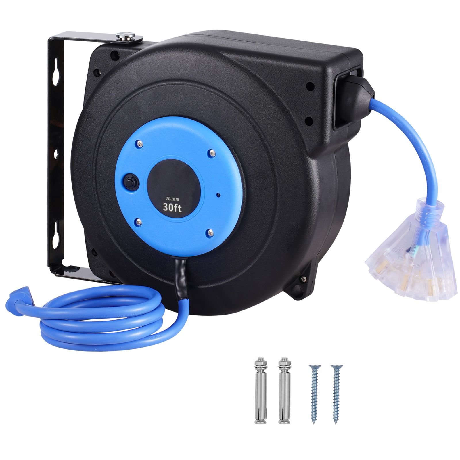 retractable extension cord reel, 30 ft, heavy duty 16awg/3c sjtow retractable power cord reel with lighted triple tap outlet 10 amp circuit breaker 4.5ft lead in cord, for ceiling or wall mount