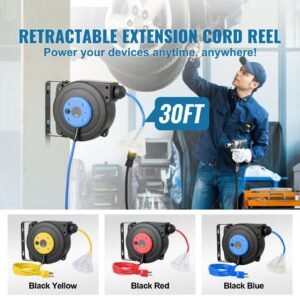retractable extension cord reel, 30 ft, heavy duty 16awg/3c sjtow retractable power cord reel with lighted triple tap outlet 10 amp circuit breaker 4.5ft lead in cord, for ceiling or wall mount