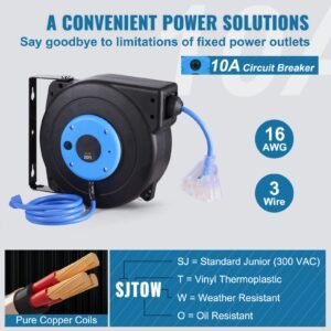 retractable extension cord reel, 30 ft, heavy duty 16awg/3c sjtow retractable power cord reel with lighted triple tap outlet 10 amp circuit breaker 4.5ft lead in cord, for ceiling or wall mount