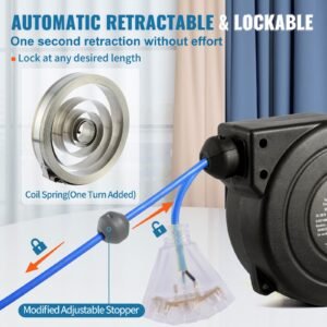 retractable extension cord reel, 30 ft, heavy duty 16awg/3c sjtow retractable power cord reel with lighted triple tap outlet 10 amp circuit breaker 4.5ft lead in cord, for ceiling or wall mount