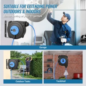 retractable extension cord reel, 30 ft, heavy duty 16awg/3c sjtow retractable power cord reel with lighted triple tap outlet 10 amp circuit breaker 4.5ft lead in cord, for ceiling or wall mount