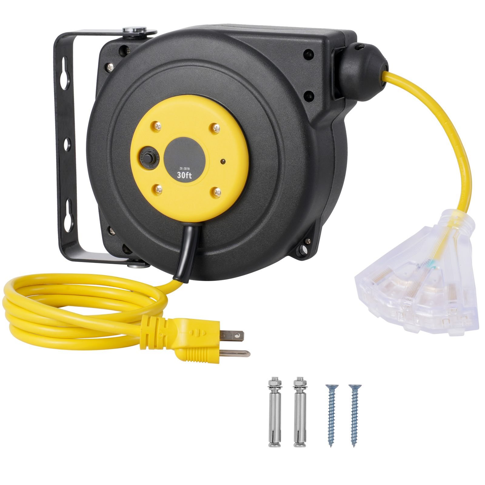 retractable extension cord reel, 30 ft, heavy duty 16awg/3c sjtow retractable power cord reel with lighted triple tap outlet 10 amp circuit breaker 4.5ft lead in cord, for ceiling or wall mount