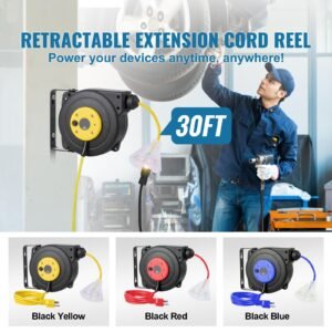 retractable extension cord reel, 30 ft, heavy duty 16awg/3c sjtow retractable power cord reel with lighted triple tap outlet 10 amp circuit breaker 4.5ft lead in cord, for ceiling or wall mount