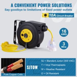 retractable extension cord reel, 30 ft, heavy duty 16awg/3c sjtow retractable power cord reel with lighted triple tap outlet 10 amp circuit breaker 4.5ft lead in cord, for ceiling or wall mount