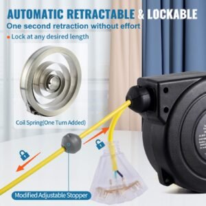 retractable extension cord reel, 30 ft, heavy duty 16awg/3c sjtow retractable power cord reel with lighted triple tap outlet 10 amp circuit breaker 4.5ft lead in cord, for ceiling or wall mount