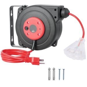 Retractable Extension Cord Reel, 30 FT, Heavy Duty 16AWG/3C SJTOW Retractable Power Cord Reel with Lighted Triple Tap Outlet 10 Amp Circuit Breaker 4.5FT Lead-in Cord, for Ceiling or Wall Mount