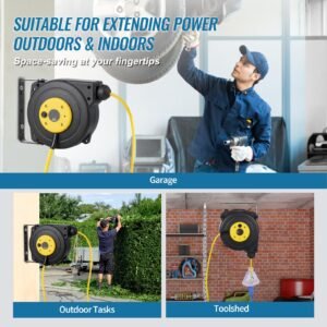retractable extension cord reel, 30 ft, heavy duty 16awg/3c sjtow retractable power cord reel with lighted triple tap outlet 10 amp circuit breaker 4.5ft lead in cord, for ceiling or wall mount