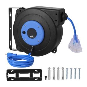 Retractable Extension Cord Reel, 45 FT, Heavy Duty 12AWG/3C SJTOW Retractable Power Cord with Lighted Triple Tap Outlet, 15 Amp Circuit Breaker 180° Swivel Bracket for Ceiling or Wall Mount