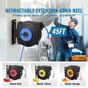 retractable extension cord reel, 45 ft, heavy duty 12awg/3c sjtow retractable power cord with lighted triple tap outlet, 15 amp circuit breaker 180° swivel bracket for ceiling or wall mount