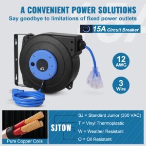 retractable extension cord reel, 45 ft, heavy duty 12awg/3c sjtow retractable power cord with lighted triple tap outlet, 15 amp circuit breaker 180° swivel bracket for ceiling or wall mount