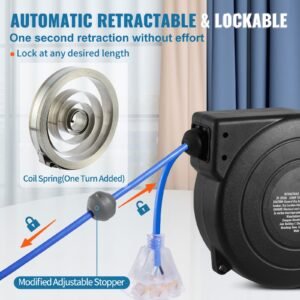 retractable extension cord reel, 45 ft, heavy duty 12awg/3c sjtow retractable power cord with lighted triple tap outlet, 15 amp circuit breaker 180° swivel bracket for ceiling or wall mount