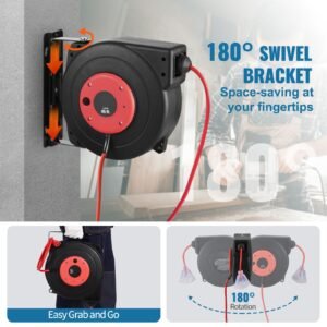 retractable extension cord reel, 45 ft, heavy duty 12awg/3c sjtow retractable power cord with lighted triple tap outlet, 15 amp circuit breaker 180° swivel bracket for ceiling or wall mount