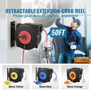 retractable extension cord reel, 50 ft, heavy duty 14awg/3c sjtow retractable power cord with lighted triple tap outlet, 13 amp circuit breaker 180° swivel bracket for ceiling or wall mount