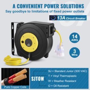retractable extension cord reel, 50 ft, heavy duty 14awg/3c sjtow retractable power cord with lighted triple tap outlet, 13 amp circuit breaker 180° swivel bracket for ceiling or wall mount