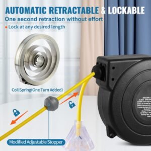 retractable extension cord reel, 50 ft, heavy duty 14awg/3c sjtow retractable power cord with lighted triple tap outlet, 13 amp circuit breaker 180° swivel bracket for ceiling or wall mount