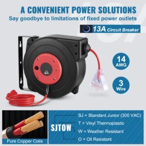 retractable extension cord reel, 50 ft, heavy duty 14awg/3c sjtow retractable power cord with lighted triple tap outlet, 13 amp circuit breaker 180° swivel bracket for ceiling or wall mount