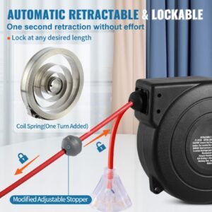retractable extension cord reel, 50 ft, heavy duty 14awg/3c sjtow retractable power cord with lighted triple tap outlet, 13 amp circuit breaker 180° swivel bracket for ceiling or wall mount