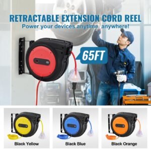 retractable extension cord reel, 65 ft, heavy duty 12awg/3c sjtow retractable power cord with lighted triple tap outlet, 15 amp circuit breaker 180° swivel bracket for ceiling or wall mount