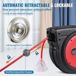 retractable extension cord reel, 65 ft, heavy duty 12awg/3c sjtow retractable power cord with lighted triple tap outlet, 15 amp circuit breaker 180° swivel bracket for ceiling or wall mount