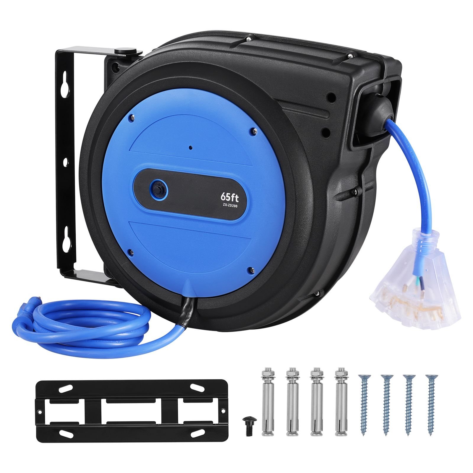 retractable extension cord reel, 65 ft, heavy duty 12awg/3c sjtow retractable power cord with lighted triple tap outlet, 15 amp circuit breaker 180° swivel bracket for ceiling or wall mount