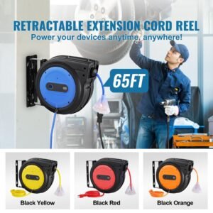 retractable extension cord reel, 65 ft, heavy duty 12awg/3c sjtow retractable power cord with lighted triple tap outlet, 15 amp circuit breaker 180° swivel bracket for ceiling or wall mount