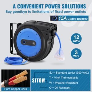 retractable extension cord reel, 65 ft, heavy duty 12awg/3c sjtow retractable power cord with lighted triple tap outlet, 15 amp circuit breaker 180° swivel bracket for ceiling or wall mount