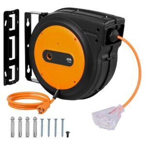 Retractable Extension Cord Reel, 65 FT, Heavy Duty 12AWG/3C SJTOW Retractable Power Cord with Lighted Triple Tap Outlet, 15 Amp Circuit Breaker 180° Swivel Bracket for Ceiling or Wall Mount