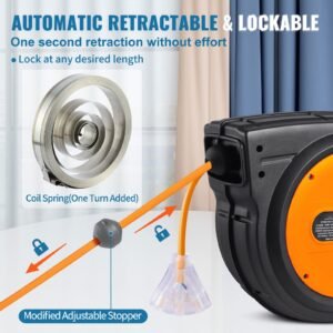 retractable extension cord reel, 65 ft, heavy duty 12awg/3c sjtow retractable power cord with lighted triple tap outlet, 15 amp circuit breaker 180° swivel bracket for ceiling or wall mount
