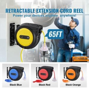 retractable extension cord reel, 65 ft, heavy duty 12awg/3c sjtow retractable power cord with lighted triple tap outlet, 15 amp circuit breaker 180° swivel bracket for ceiling or wall mount