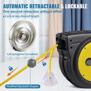 retractable extension cord reel, 65 ft, heavy duty 12awg/3c sjtow retractable power cord with lighted triple tap outlet, 15 amp circuit breaker 180° swivel bracket for ceiling or wall mount