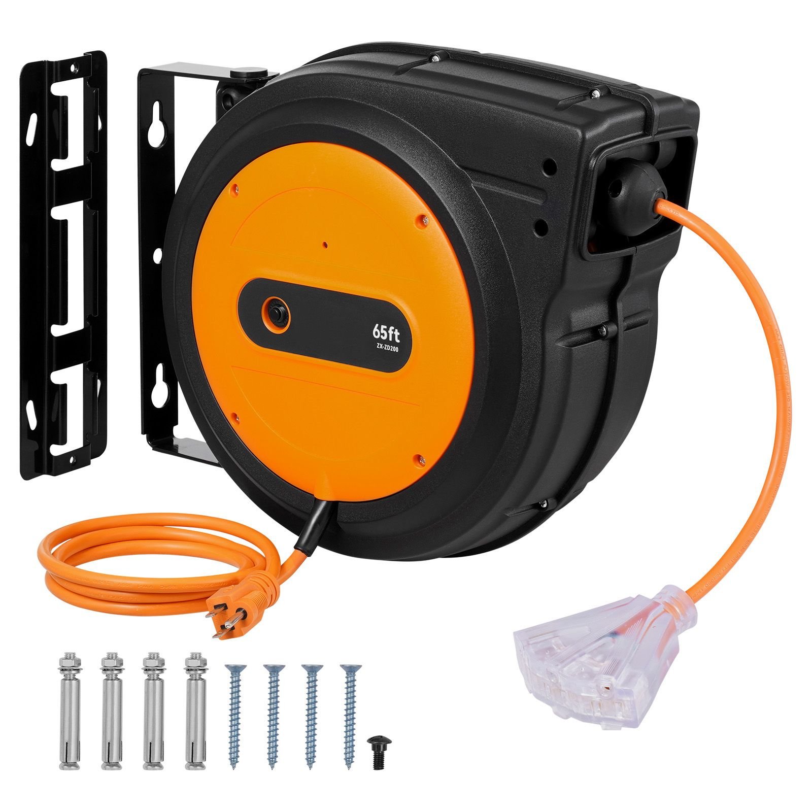retractable extension cord reel, 65 ft, heavy duty 12awg/3c sjtow retractable power cord with lighted triple tap outlet, 15 amp circuit breaker 180° swivel bracket for ceiling or wall mount