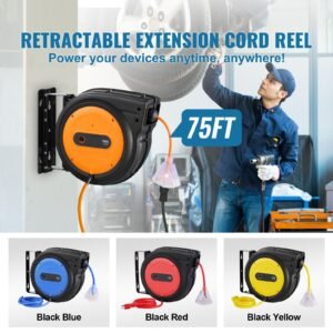retractable extension cord reel, 75 ft, heavy duty 14awg/3c sjtow retractable power cord with lighted triple tap outlet, 13 amp circuit breaker 180° swivel bracket for ceiling or wall mount