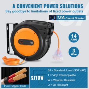 retractable extension cord reel, 75 ft, heavy duty 14awg/3c sjtow retractable power cord with lighted triple tap outlet, 13 amp circuit breaker 180° swivel bracket for ceiling or wall mount