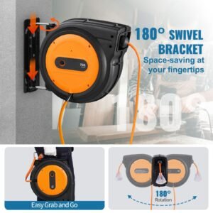 retractable extension cord reel, 75 ft, heavy duty 14awg/3c sjtow retractable power cord with lighted triple tap outlet, 13 amp circuit breaker 180° swivel bracket for ceiling or wall mount