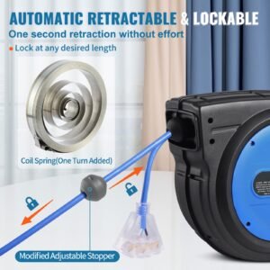 retractable extension cord reel, 75 ft, heavy duty 14awg/3c sjtow retractable power cord with lighted triple tap outlet, 13 amp circuit breaker 180° swivel bracket for ceiling or wall mount