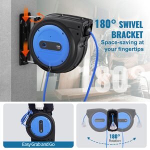 retractable extension cord reel, 75 ft, heavy duty 14awg/3c sjtow retractable power cord with lighted triple tap outlet, 13 amp circuit breaker 180° swivel bracket for ceiling or wall mount