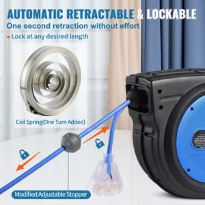 retractable extension cord reel, 80 ft, heavy duty 12awg/3c sjtow retractable power cord with lighted triple tap outlet, 15 amp circuit breaker 180° swivel bracket for ceiling or wall mount