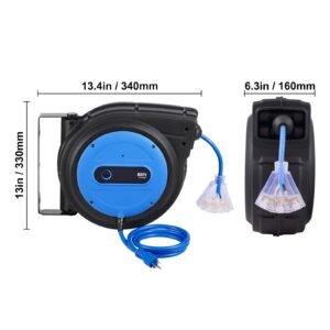 retractable extension cord reel, 80 ft, heavy duty 12awg/3c sjtow retractable power cord with lighted triple tap outlet, 15 amp circuit breaker 180° swivel bracket for ceiling or wall mount