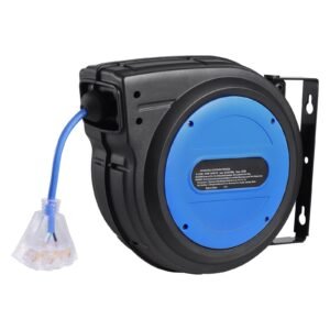 retractable extension cord reel, 80 ft, heavy duty 12awg/3c sjtow retractable power cord with lighted triple tap outlet, 15 amp circuit breaker 180° swivel bracket for ceiling or wall mount