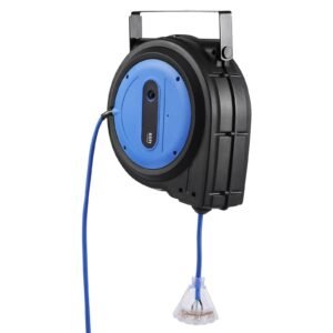 retractable extension cord reel, 80 ft, heavy duty 12awg/3c sjtow retractable power cord with lighted triple tap outlet, 15 amp circuit breaker 180° swivel bracket for ceiling or wall mount
